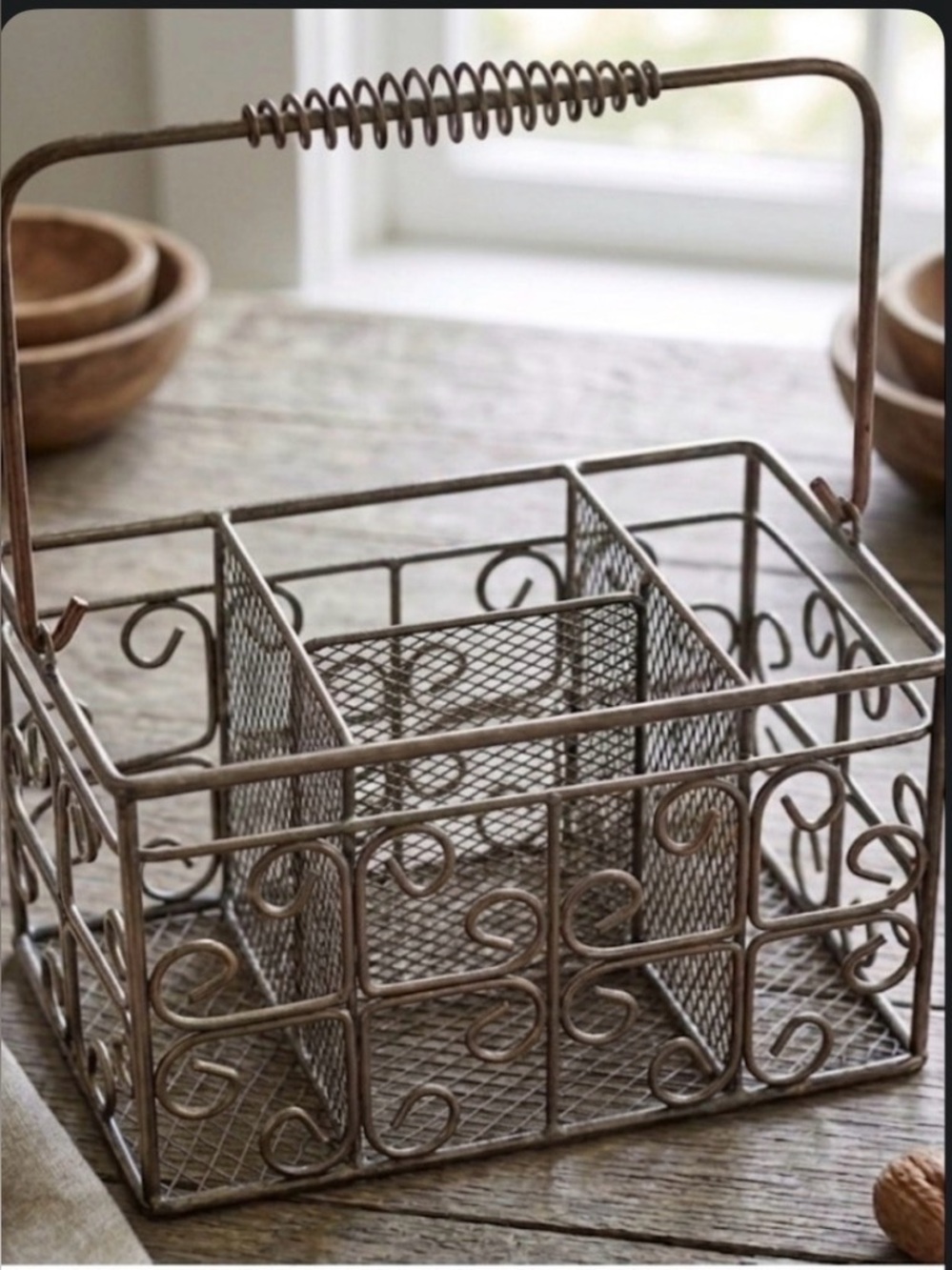 Decorative Metal Basket Tote in Antique Bronze approximately 10” x 7” heavy.